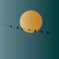 dark illustration with birds under moon. vector