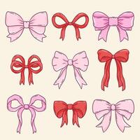 Pink bow element collection. Romantic, feminine, childish coquette hair ribbon. Outline hand drawn. vector