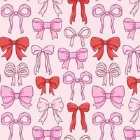 Pink bows and ribbons seamless pattern, Valentines design background, coquette core, handdrawn illustration vector