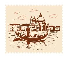 Architecture of Venice with a gondola on the water. Postage Stamp. Hand drawn illustration vector