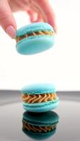 Multi-colored macaroons on a blue background. Traditional dessert. video