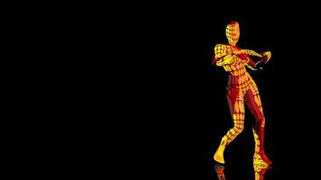 vermelho abstrato mulher figura formado de amarelo partículas dançando contra Preto fundo. ciclo seqüência. 3d animação video