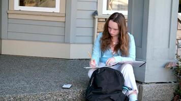 Teenager Mädchen tut Hausaufgaben auf Veranda von Haus sie schreibt mit Bleistift im groß Notizbuch Notizbuch im Mappe Nächster zu Rucksack Herbst Sommer- sitzen auf Schwelle schön jung Frau schreibt zeichnet löst video