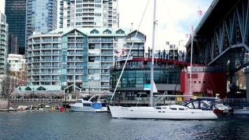 Granville Island Real life skyscrapers people walking kayaking many shops videos from which you can create a clip of the history of news BC sea bass ships people on bicycles seagulls good weather