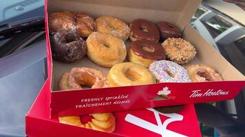 Large, open box of Tim Horton's donuts in contrasted light, with a variety of different donuts. a woman's hand opens and closes a box of sweets lying in the foreground of the car video