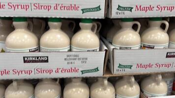 costco de gros acheter érable sirop dans le supermarché une lot sur le étagère dans des boites une grand sélection à prendre par main mettre un bouteille dans le Chariot video