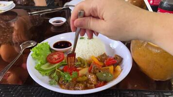 Rice with vegetables in sweet sauce Pineapple and Chicken in sweet and sour sauce with bell pepper, rice and spring onion video