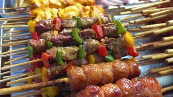 Cooking shish kebab and meat skewers, tomatoes and green peppers on grill video