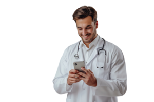 de bonne humeur Jeune médecin dans blanc manteau souriant tandis que à la recherche à écran de le sien téléphone sur isolé transparent Contexte png