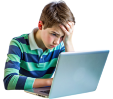 Boy in difficulty in front of the computer png