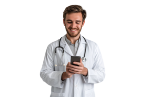 alegre joven médico en blanco Saco sonriente mientras mirando a pantalla de su teléfono en aislado transparente antecedentes png