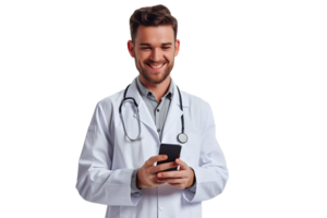 de bonne humeur Jeune médecin dans blanc manteau souriant tandis que à la recherche à écran de le sien téléphone sur isolé transparent Contexte png