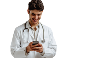 Cheerful young doctor in white coat smiling while looking at screen of his phone on isolated transparent background png