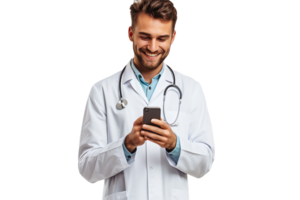 de bonne humeur Jeune médecin dans blanc manteau souriant tandis que à la recherche à écran de le sien téléphone sur isolé transparent Contexte png