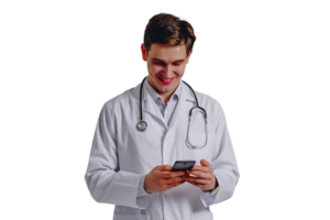 alegre joven médico en blanco Saco sonriente mientras mirando a pantalla de su teléfono en aislado transparente antecedentes png