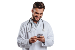 glad ung läkare i vit täcka leende medan ser på skärm av hans telefon på isolerat transparent bakgrund png