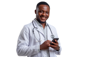 de bonne humeur Jeune médecin dans blanc manteau souriant tandis que à la recherche à écran de le sien téléphone sur isolé transparent Contexte png