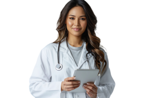 Woman doctor standing and holding tablet on isolated transparent background png