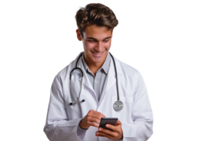 de bonne humeur Jeune médecin dans blanc manteau souriant tandis que à la recherche à écran de le sien téléphone sur isolé transparent Contexte png