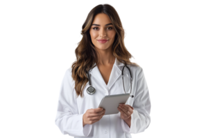 kvinna läkare stående och innehav läsplatta på isolerat transparent bakgrund png