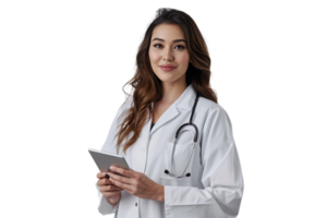 Woman doctor standing and holding tablet on isolated transparent background png