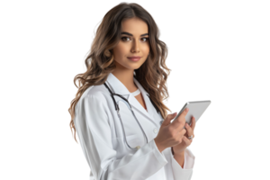 Woman doctor standing and holding tablet on isolated transparent background png