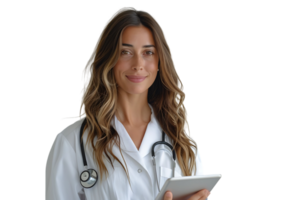 Woman doctor standing and holding tablet on isolated transparent background png