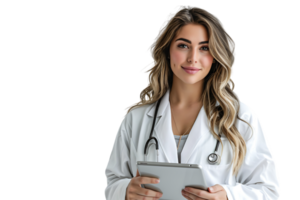 Woman doctor standing and holding tablet on isolated transparent background png