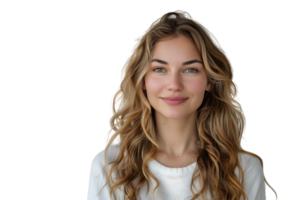 Beautiful green-eyed European female in casual clothes looking at camera, on isolated transparent background png