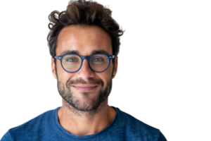 smiling attractive man in blue t-shirt and trendy eyeglasses on isolated transparent background png