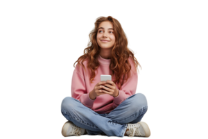 contento giovane ragazza seduta su il pavimento, Tenere smartphone nel mani e guardare lontano, su isolato trasparente sfondo png