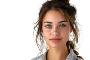 Beautiful green-eyed European female in casual clothes looking at camera, on isolated transparent background png