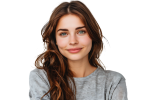 Beautiful green-eyed European female in casual clothes looking at camera, on isolated transparent background png