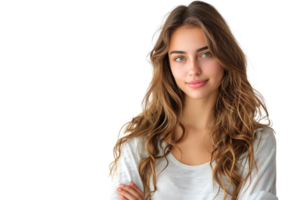 Beautiful green-eyed European female in casual clothes looking at camera, on isolated transparent background png