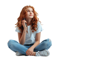 Happy young girl sitting on the floor, holding smartphone in hands and looking away, on isolated transparent background png