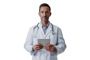 Handsome man doctor standing holding tablet on isolated transparent background png