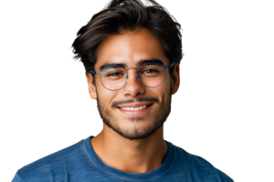 smiling attractive man in blue t-shirt and trendy eyeglasses on isolated transparent background png