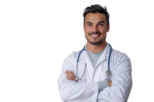 sorridente homem médico posando com braços cruzado, com estetoscópio em isolado transparente fundo png