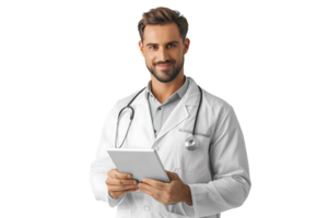 Handsome man doctor standing holding tablet on isolated transparent background png