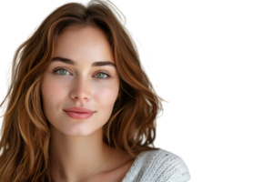 Beautiful green-eyed European female in casual clothes looking at camera, on isolated transparent background png