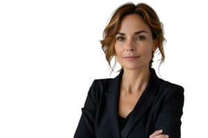 Portrait of experienced professional business woman with arms crossed on isolated transparent background png