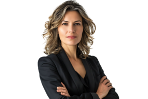 Portrait of experienced professional business woman with arms crossed on isolated transparent background png