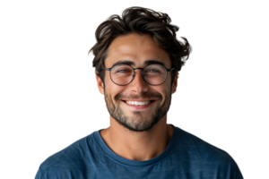 smiling attractive man in blue t-shirt and trendy eyeglasses on isolated transparent background png