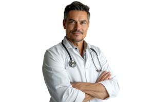 Smiling man doctor posing with arms crossed, with stethoscope on isolated transparent background png