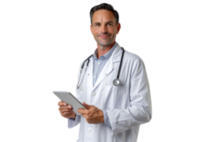 Handsome man doctor standing holding tablet on isolated transparent background png