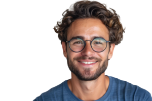 smiling attractive man in blue t-shirt and trendy eyeglasses on isolated transparent background png