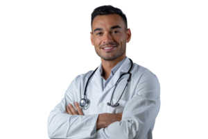 Smiling man doctor posing with arms crossed, with stethoscope on isolated transparent background png