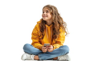 contento joven niña sentado en el piso, participación teléfono inteligente en manos y mirando lejos, en aislado transparente antecedentes png