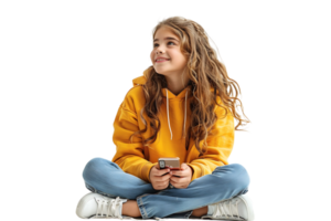 Happy young girl sitting on the floor, holding smartphone in hands and looking away, on isolated transparent background png