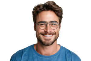 smiling attractive man in blue t-shirt and trendy eyeglasses on isolated transparent background png